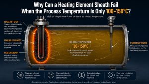 Heating element sheath failure caused by high watt density and poor local oil heat transfer