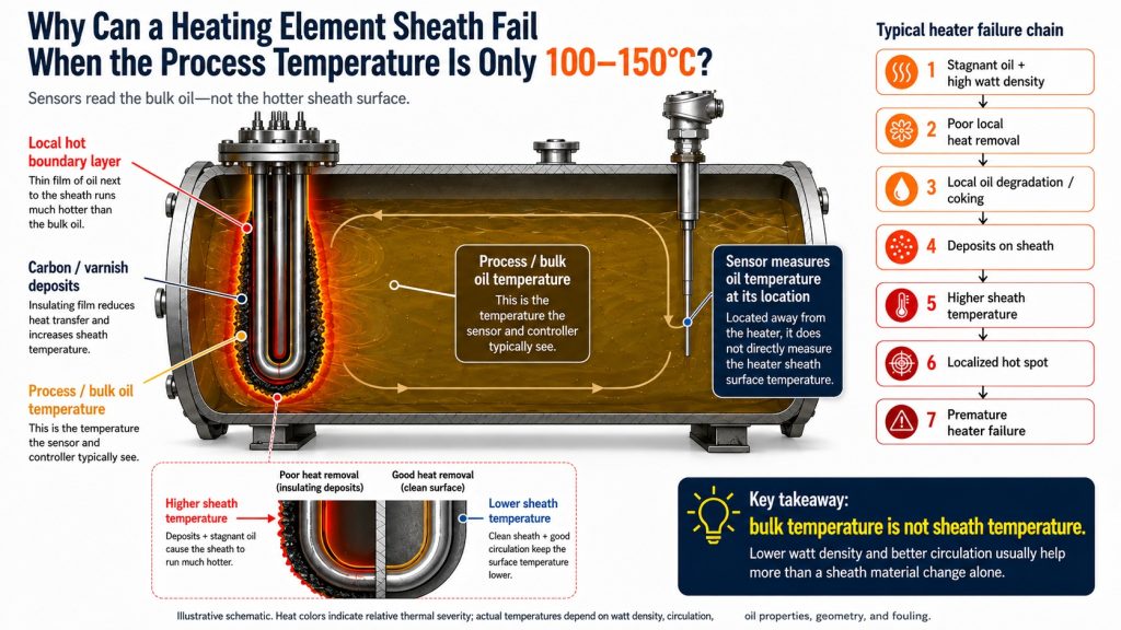 Thermal oil heater failure mechanism showing local sheath overheating, carbon deposits and poor heat removal