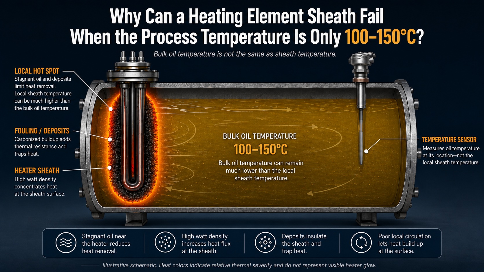 Heating element sheath failure caused by high watt density and poor local oil heat transfer